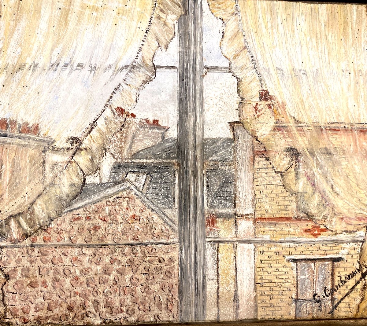 Petit Tableau Encadré Des Années:"30" Huile Sur Carton" Vue De Ma Fenêtre" , école Naïve Signée-photo-6