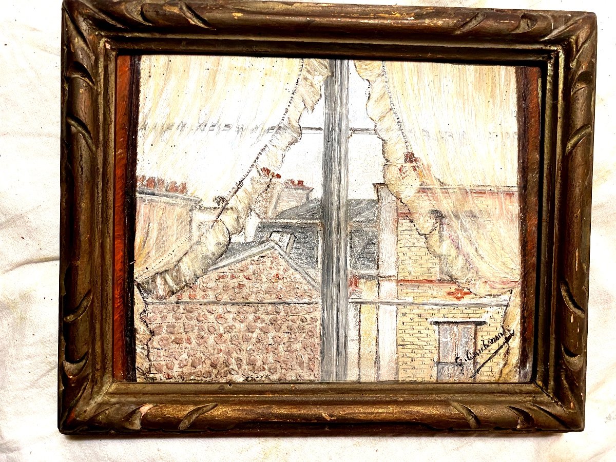 Petit Tableau Encadré Des Années:"30" Huile Sur Carton" Vue De Ma Fenêtre" , école Naïve Signée