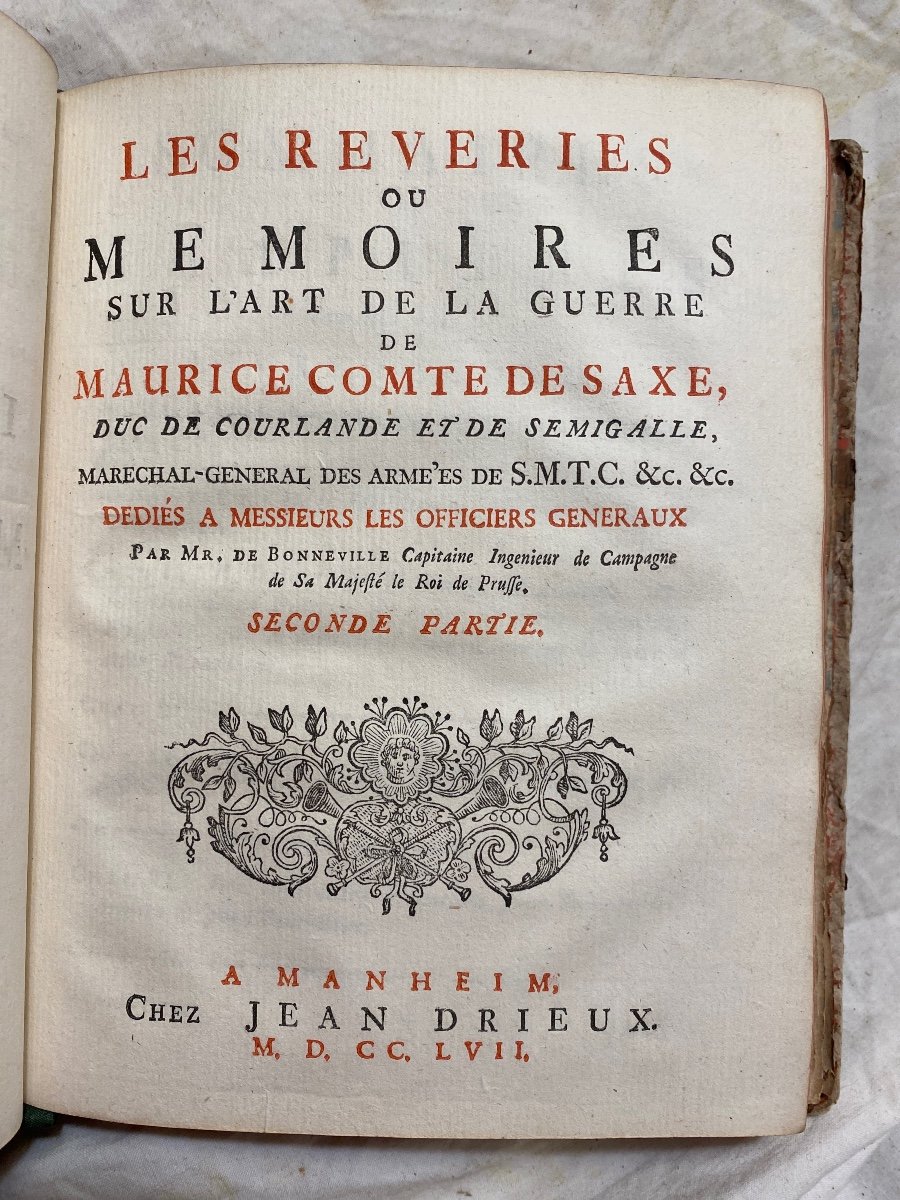 "les Rêveries Ou Mémoires Sur l'Art De La Guerre "de Maurice Comte De Saxe , 1757. 1 Vol. In 4-photo-1