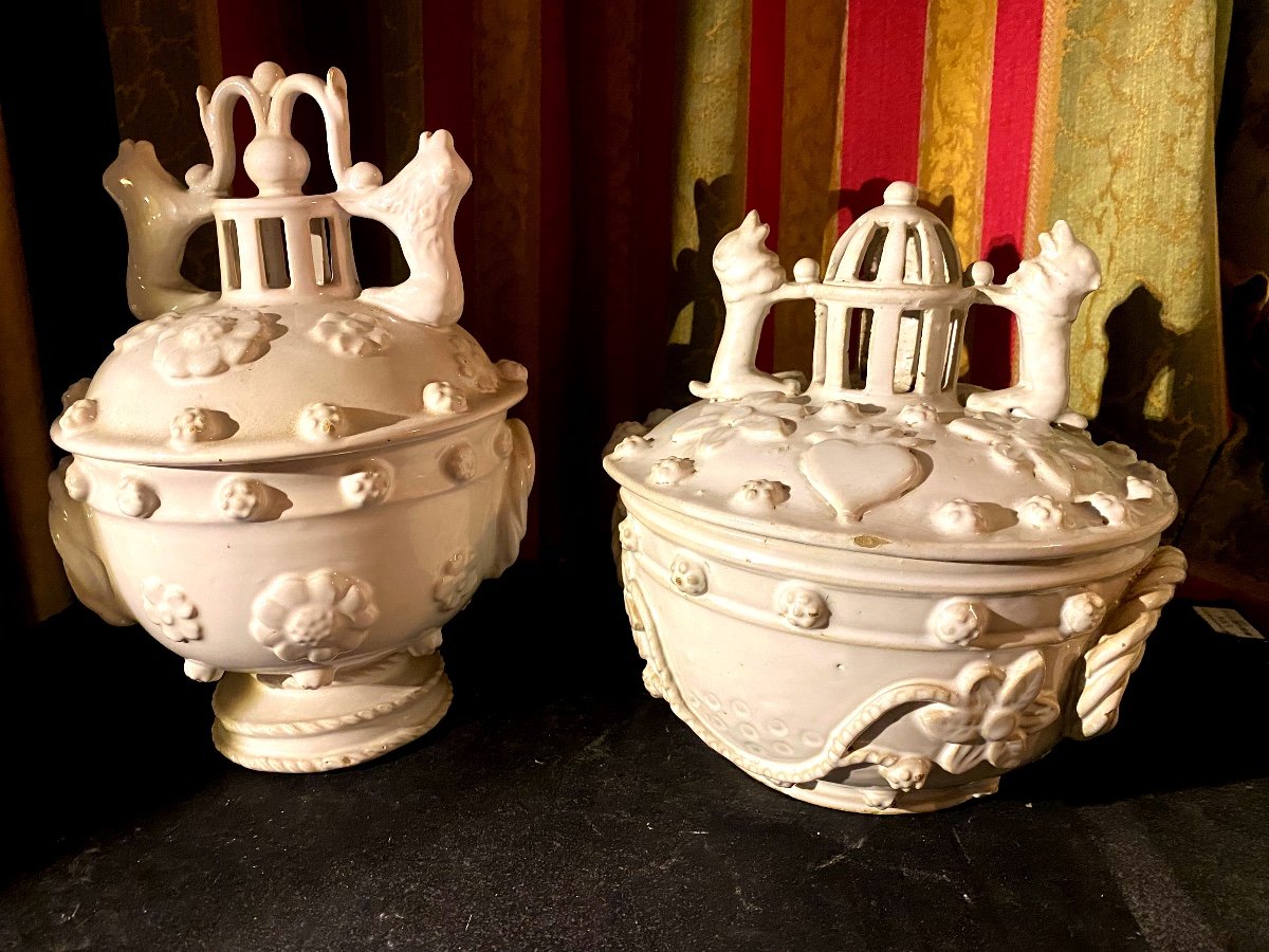 2 Pots couverts de Mariage ; Faïence  de Malicorne Blanche , Aux deux lions à La Cage , XXème