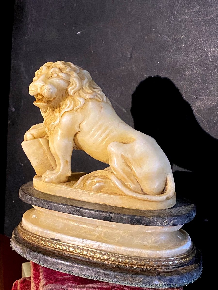 Beau Lion Rugissant Assis Au Livre Sculpté En Albâtre Sur Son Socle Bicolore XIX ème Italien-photo-2