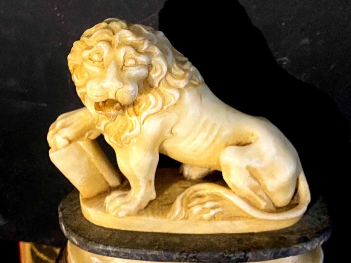 Beau Lion Rugissant Assis Au Livre Sculpté En Albâtre Sur Son Socle Bicolore XIX ème Italien-photo-1