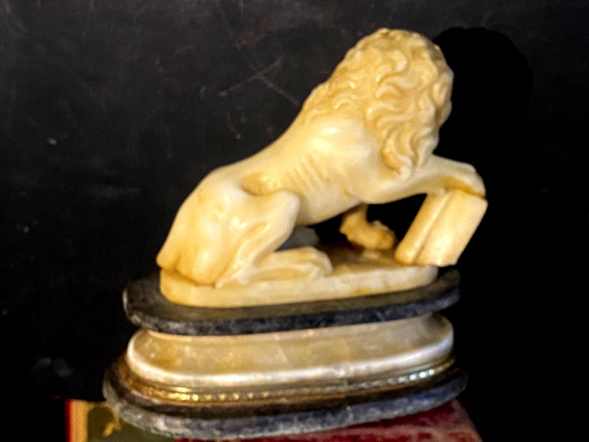 Beau Lion Rugissant Assis Au Livre Sculpté En Albâtre Sur Son Socle Bicolore XIX ème Italien-photo-2