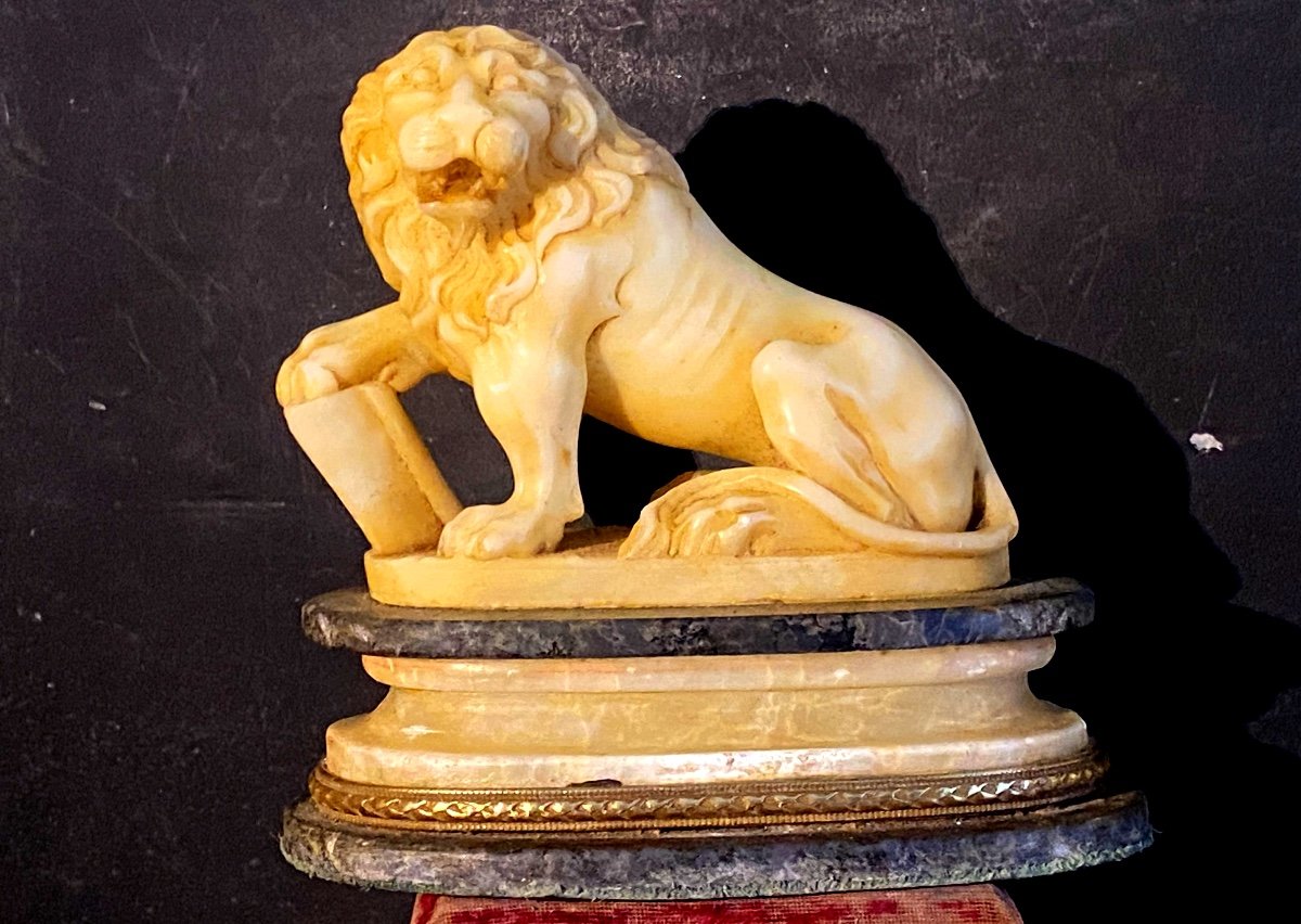 Beau Lion Rugissant Assis Au Livre Sculpté En Albâtre Sur Son Socle Bicolore XIX ème Italien-photo-5