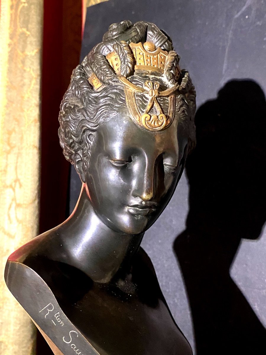 Houdonbronze Bust With Beautiful Patina: A 19th Century Head Of Diana, Reduction Signed Sauvage-photo-4