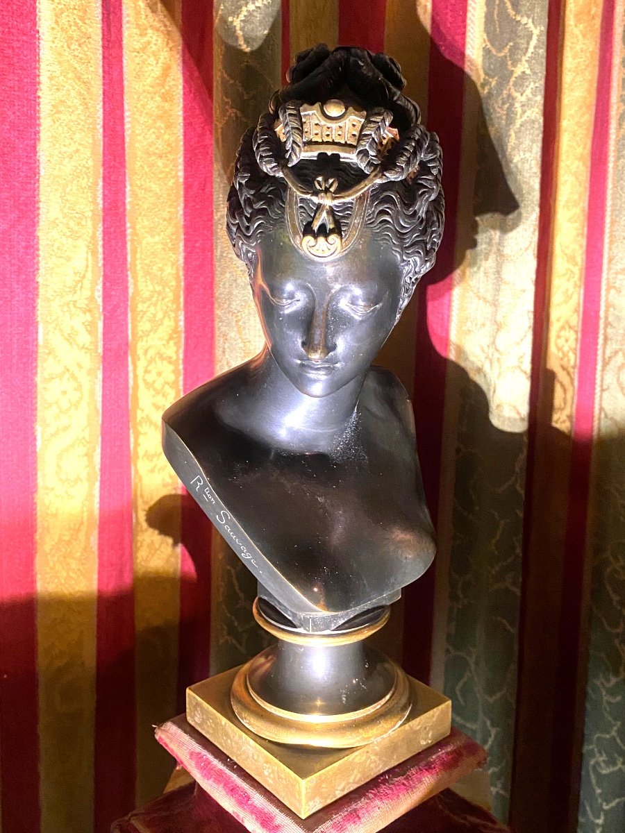 Houdonbronze Bust With Beautiful Patina: A 19th Century Head Of Diana, Reduction Signed Sauvage-photo-4