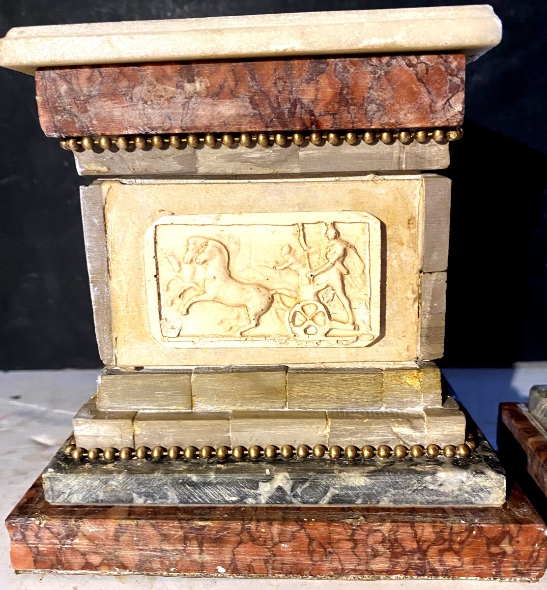 Beautiful Pair Of Pedestal Bases In Various Marbles With Square Section And High Relief Sides-photo-3