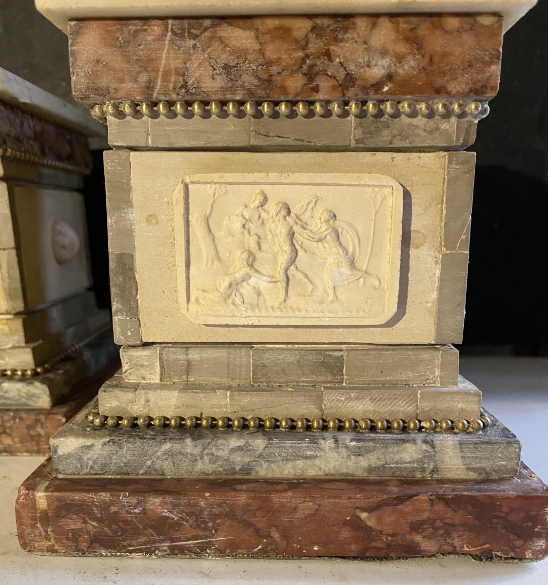 Beautiful Pair Of Pedestal Bases In Various Marbles With Square Section And High Relief Sides-photo-2