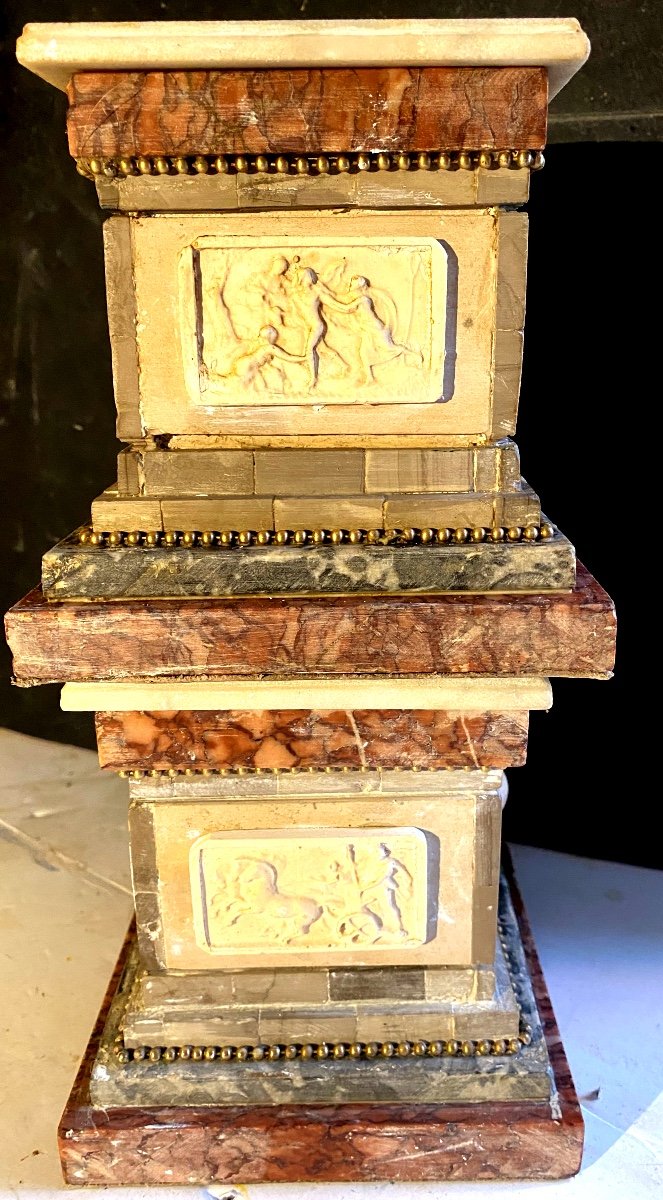 Beautiful Pair Of Pedestal Bases In Various Marbles With Square Section And High Relief Sides-photo-3