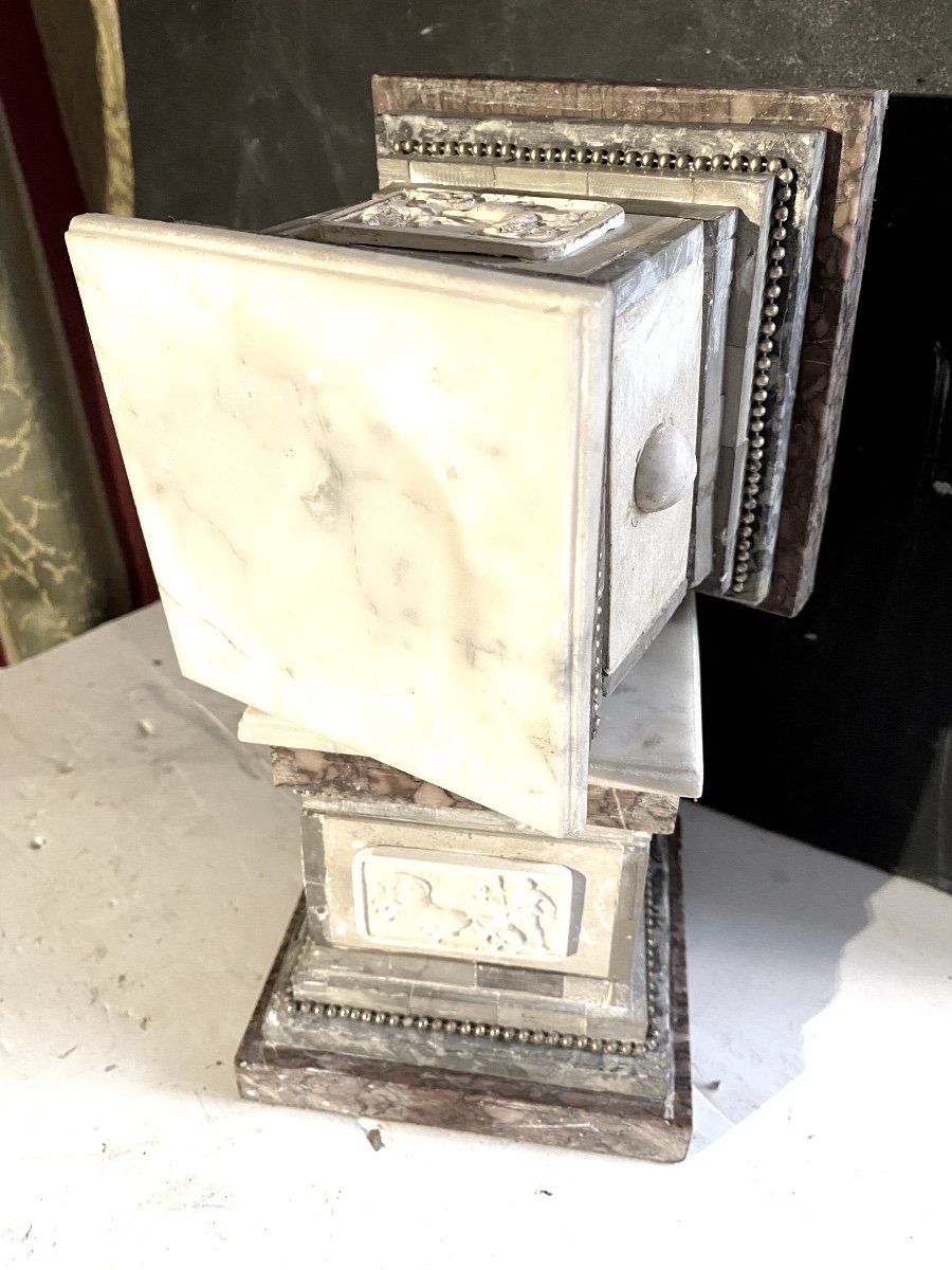 Beautiful Pair Of Pedestal Bases In Various Marbles With Square Section And High Relief Sides-photo-8