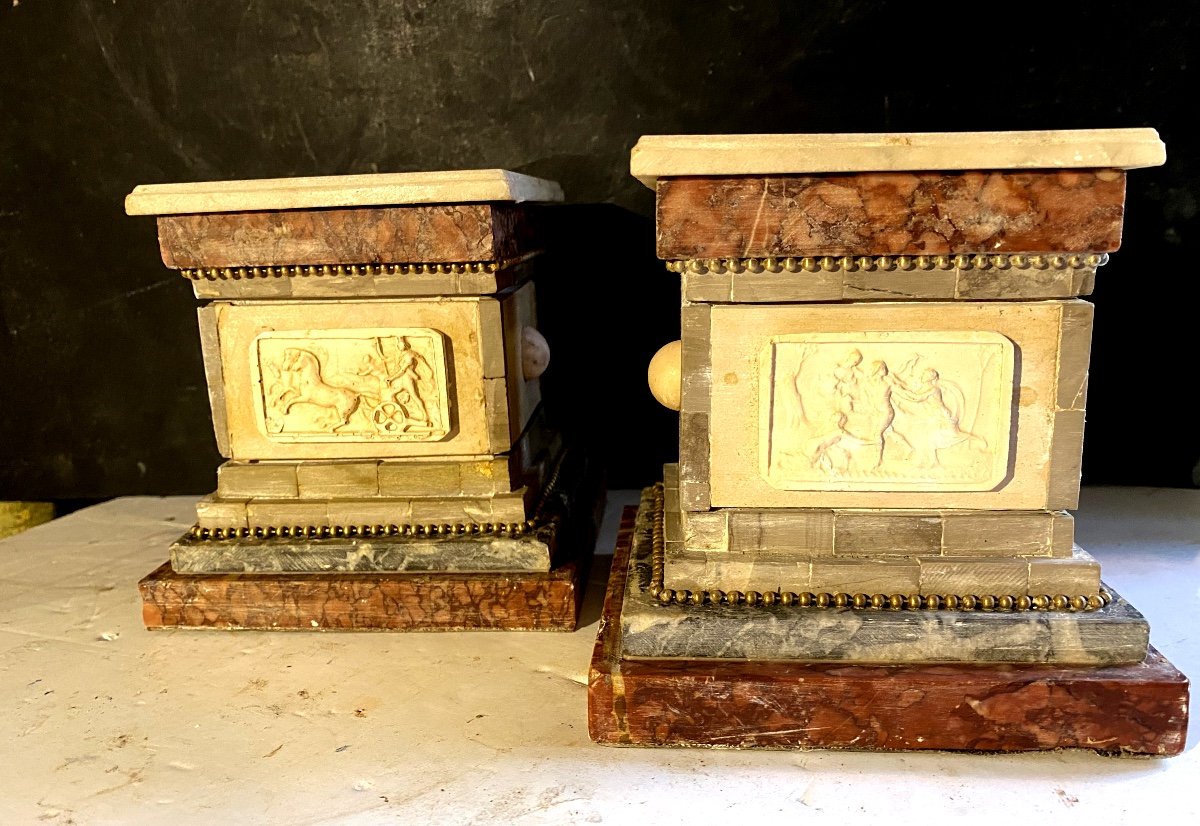 Beautiful Pair Of Pedestal Bases In Various Marbles With Square Section And High Relief Sides