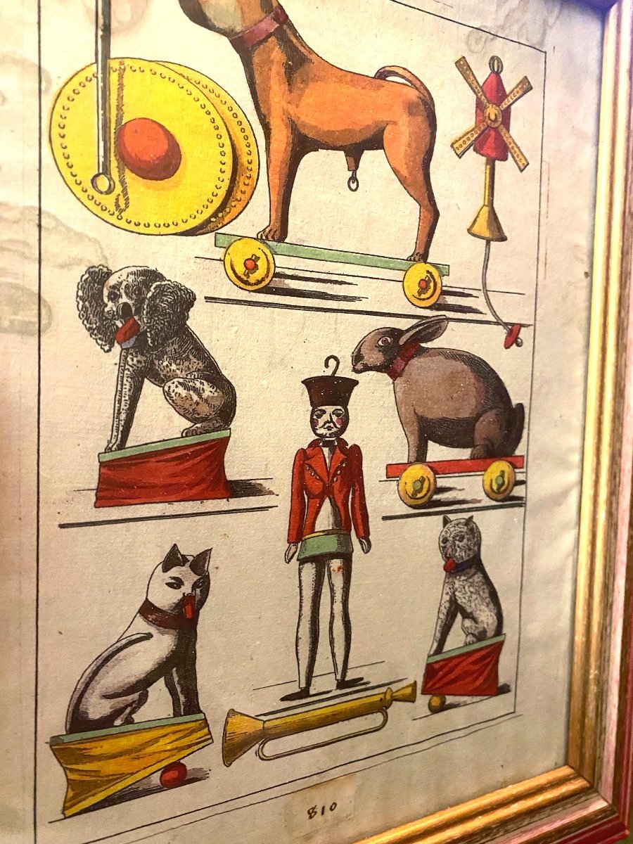 Rare Framed Advertisement "old Toys" Engraved And Hand Colored On Vellum Paper, Late 18th Century-photo-2