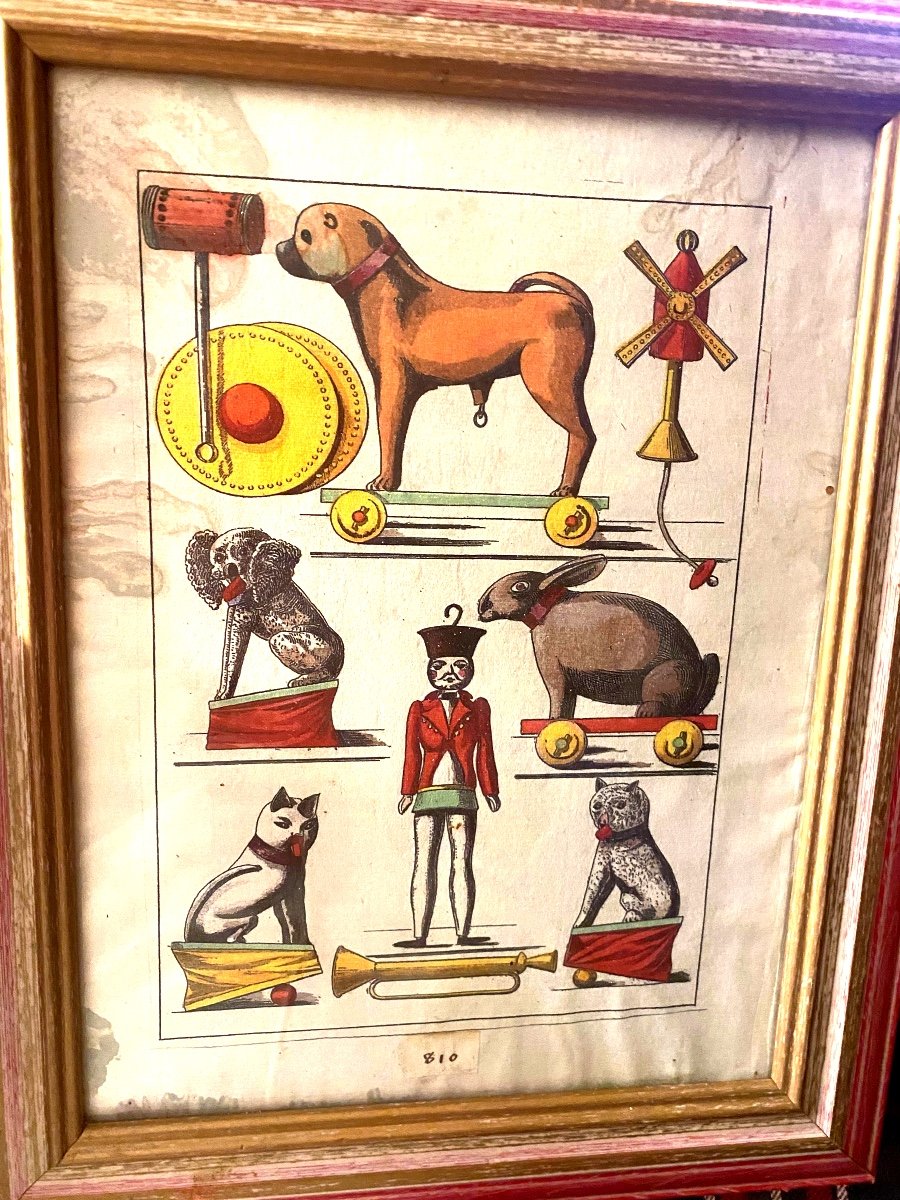 Rare Framed Advertisement "old Toys" Engraved And Hand Colored On Vellum Paper, Late 18th Century-photo-1