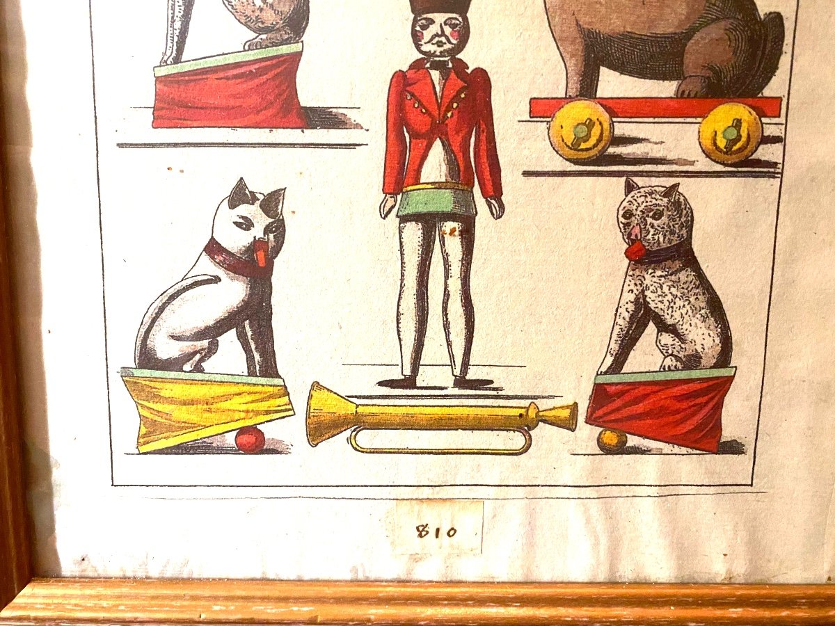 Rare Framed Advertisement "old Toys" Engraved And Hand Colored On Vellum Paper, Late 18th Century-photo-2