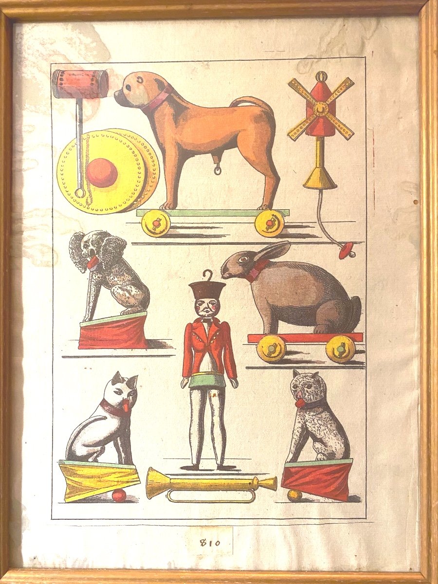 Rare Framed Advertisement "old Toys" Engraved And Hand Colored On Vellum Paper, Late 18th Century