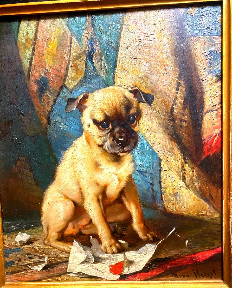 Living Portrait Of Baby Pug, Oil On Wood From 1880 By Artist "mina Hoegel" Well Framed-photo-4