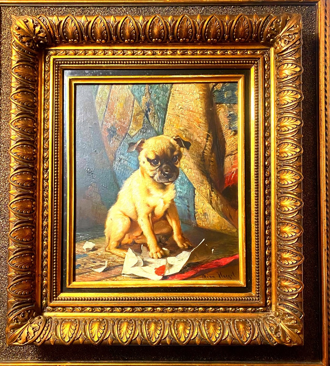 Living Portrait Of Baby Pug, Oil On Wood From 1880 By Artist "mina Hoegel" Well Framed-photo-2