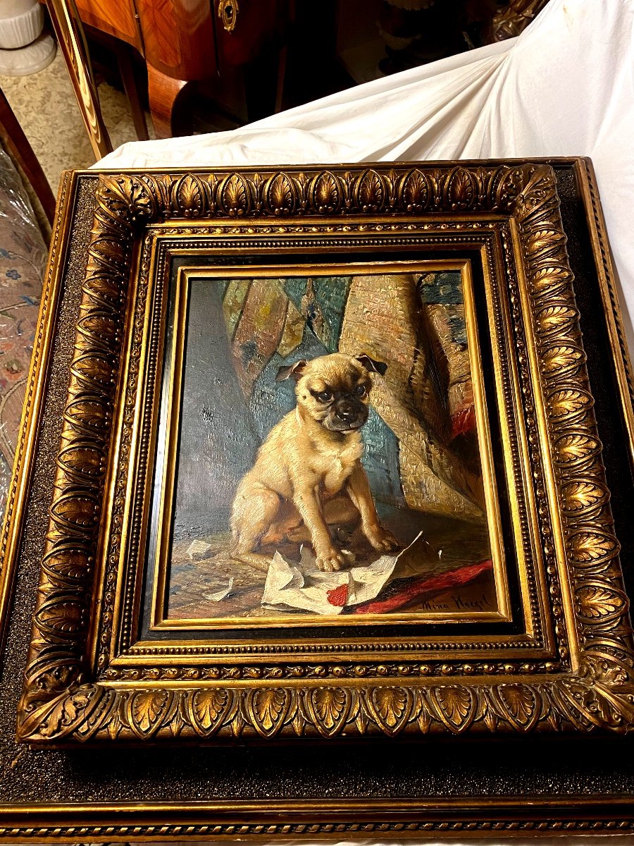 Living Portrait Of Baby Pug, Oil On Wood From 1880 By Artist "mina Hoegel" Well Framed-photo-4