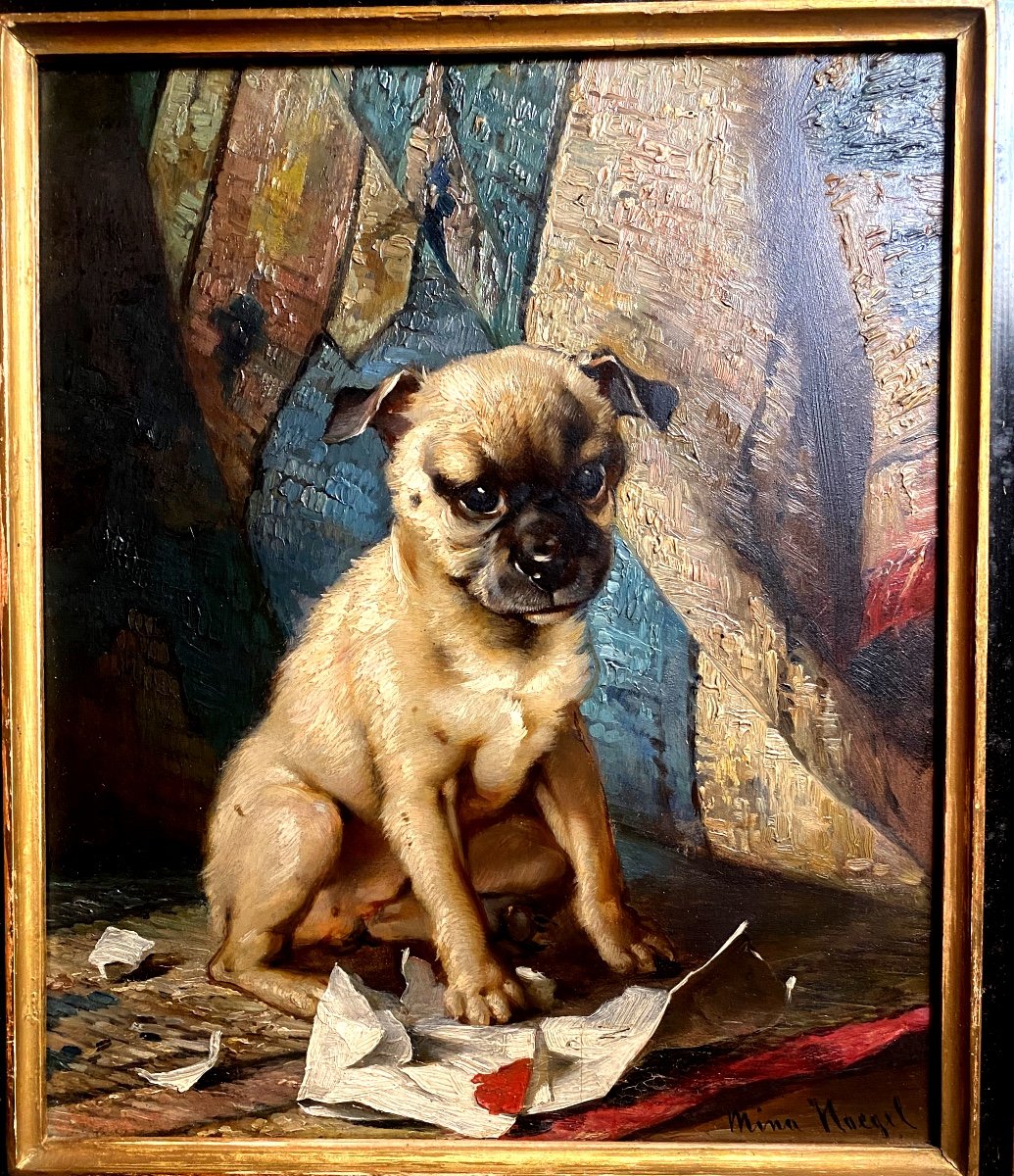 Living Portrait Of Baby Pug, Oil On Wood From 1880 By Artist "mina Hoegel" Well Framed-photo-5