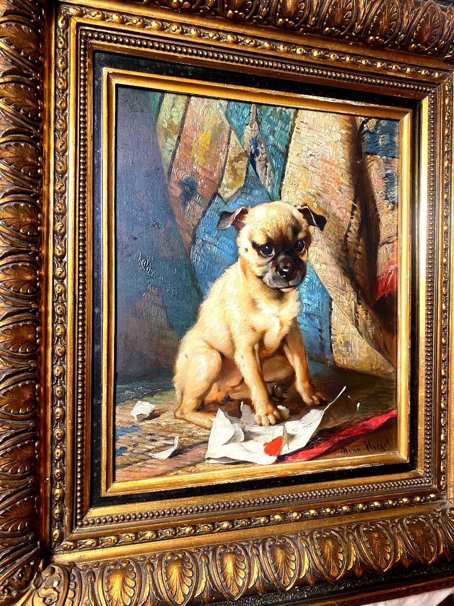 Living Portrait Of Baby Pug, Oil On Wood From 1880 By Artist "mina Hoegel" Well Framed-photo-7