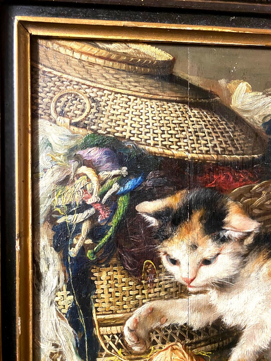 Charming Oil/wood Late 19th Century By Mina Hoeguer "cat Playing With A Ball Of Wool" Framed-photo-2