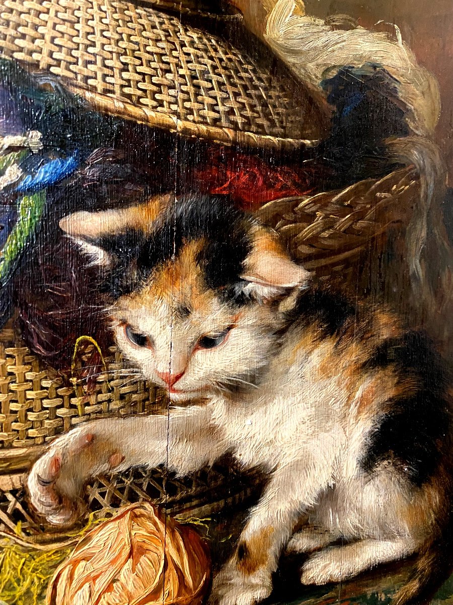 Charming Oil/wood Late 19th Century By Mina Hoeguer "cat Playing With A Ball Of Wool" Framed-photo-3