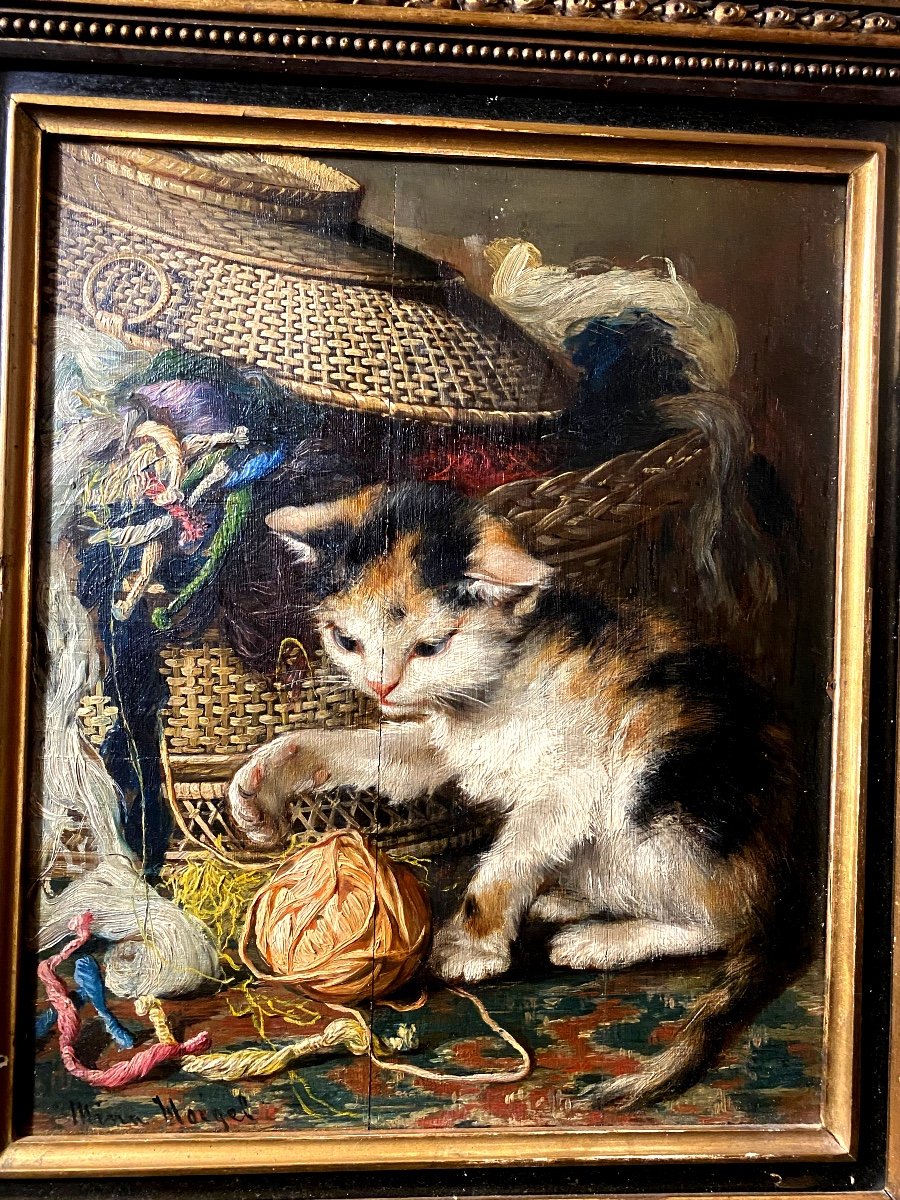 Charming Oil/wood Late 19th Century By Mina Hoeguer "cat Playing With A Ball Of Wool" Framed-photo-4