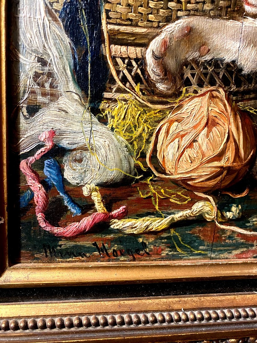 Charming Oil/wood Late 19th Century By Mina Hoeguer "cat Playing With A Ball Of Wool" Framed-photo-1