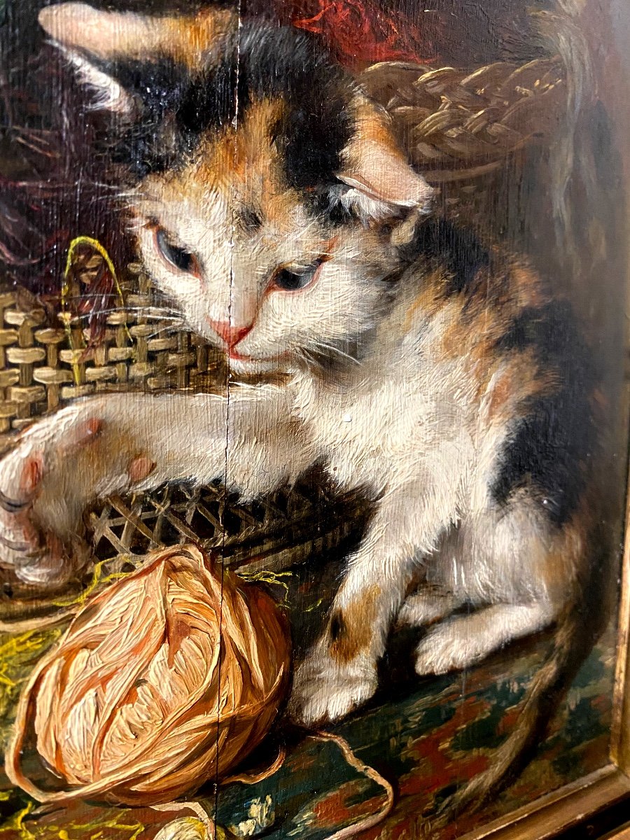 Charming Oil/wood Late 19th Century By Mina Hoeguer "cat Playing With A Ball Of Wool" Framed-photo-3