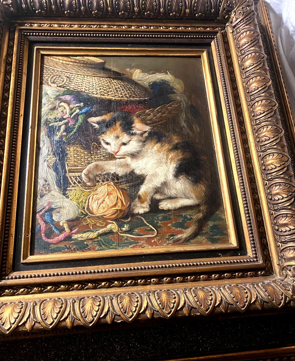 Charming Oil/wood Late 19th Century By Mina Hoeguer "cat Playing With A Ball Of Wool" Framed-photo-4