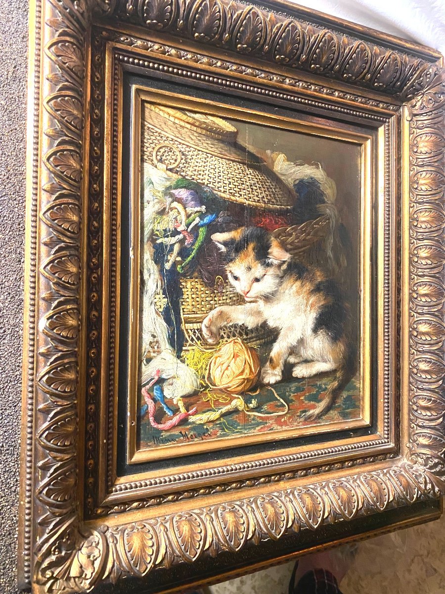 Charming Oil/wood Late 19th Century By Mina Hoeguer "cat Playing With A Ball Of Wool" Framed-photo-5