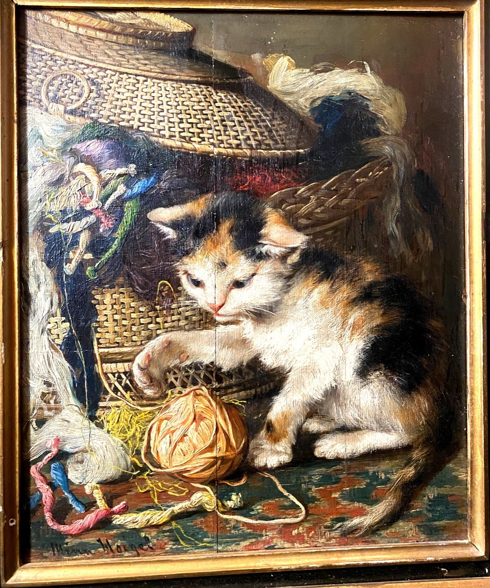 Charming Oil/wood Late 19th Century By Mina Hoeguer "cat Playing With A Ball Of Wool" Framed-photo-7