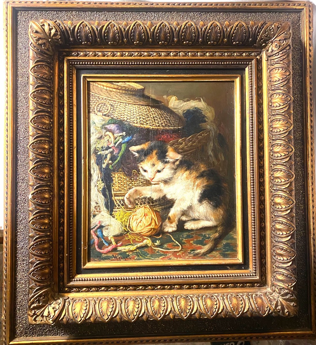 Charming Oil/wood Late 19th Century By Mina Hoeguer "cat Playing With A Ball Of Wool" Framed