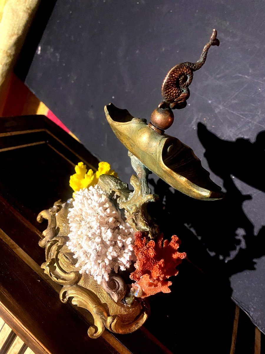 Beautiful Bronze Holy Water Font And Dolphin Ring Box; Louis XV Baroque Base With Corals And Shells 19th Century-photo-4