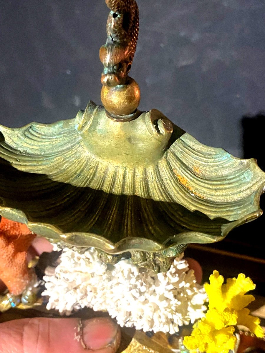 Beautiful Bronze Holy Water Font And Dolphin Ring Box; Louis XV Baroque Base With Corals And Shells 19th Century-photo-7