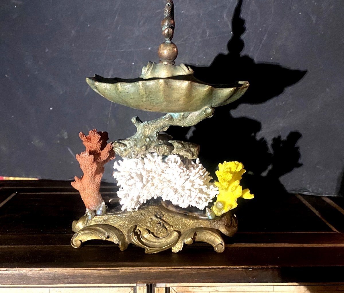 Beautiful Bronze Holy Water Font And Dolphin Ring Box; Louis XV Baroque Base With Corals And Shells 19th Century