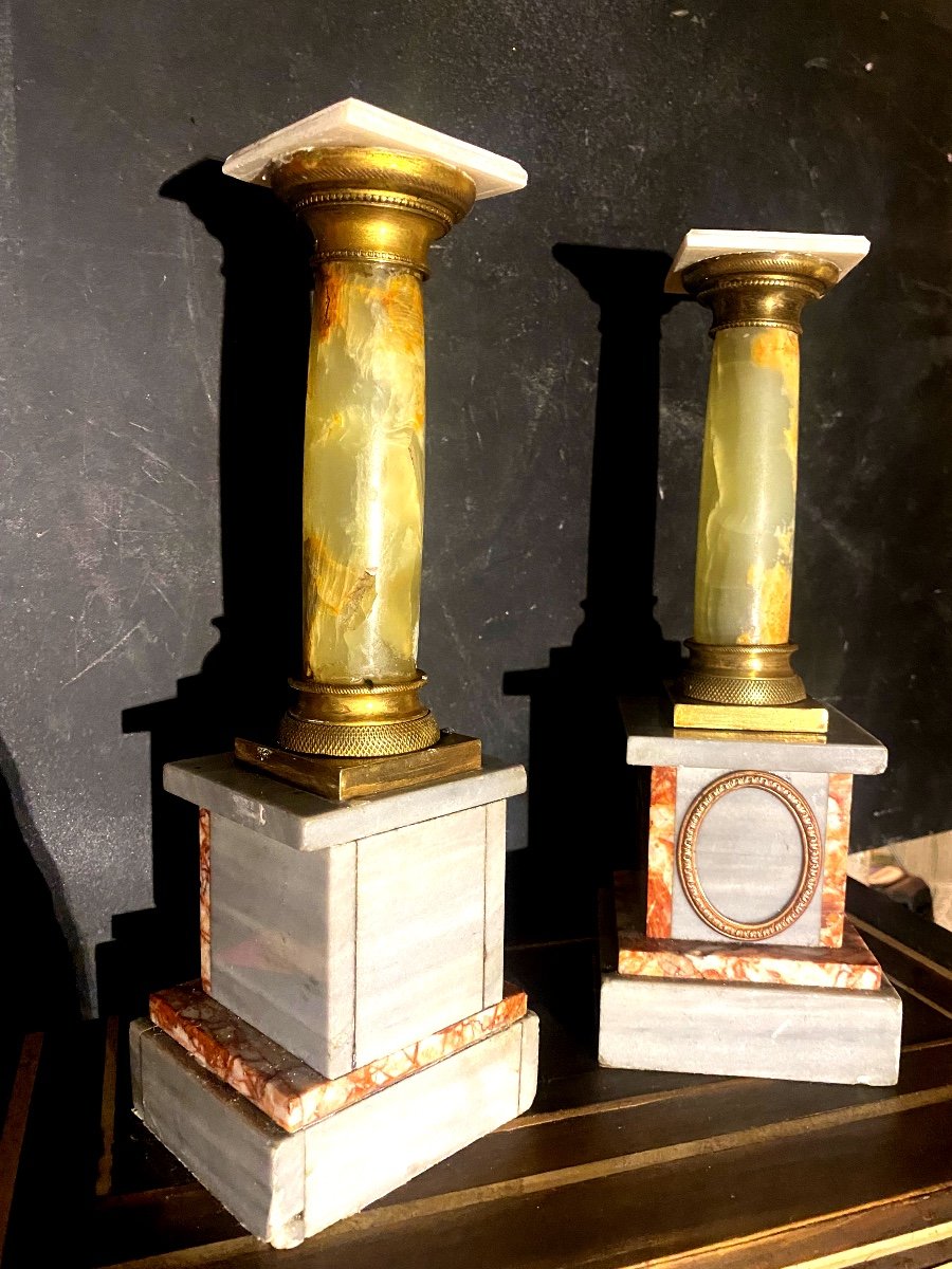 Pair Of Neo-classical Desk Columns In Bronze Marble And Soft Green Onyx From The 19th Century-photo-3