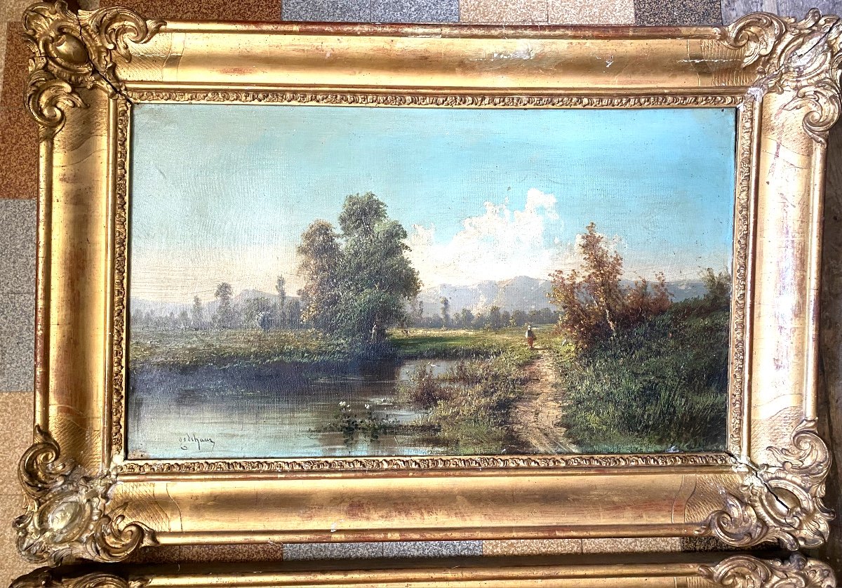 Very Beautiful Pair Of Lively Countryside Landscapes With River 19th Framed Signed E. Godchaux Ht-photo-3