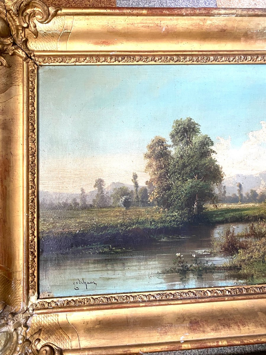 Very Beautiful Pair Of Lively Countryside Landscapes With River 19th Framed Signed E. Godchaux Ht-photo-2