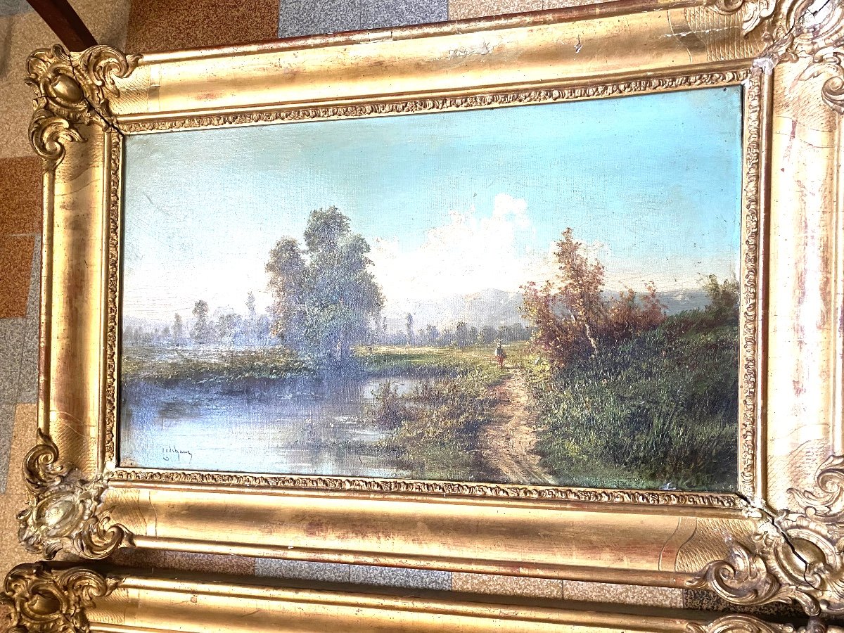 Very Beautiful Pair Of Lively Countryside Landscapes With River 19th Framed Signed E. Godchaux Ht-photo-7