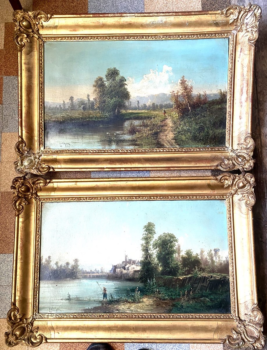 Very Beautiful Pair Of Lively Countryside Landscapes With River 19th Framed Signed E. Godchaux Ht