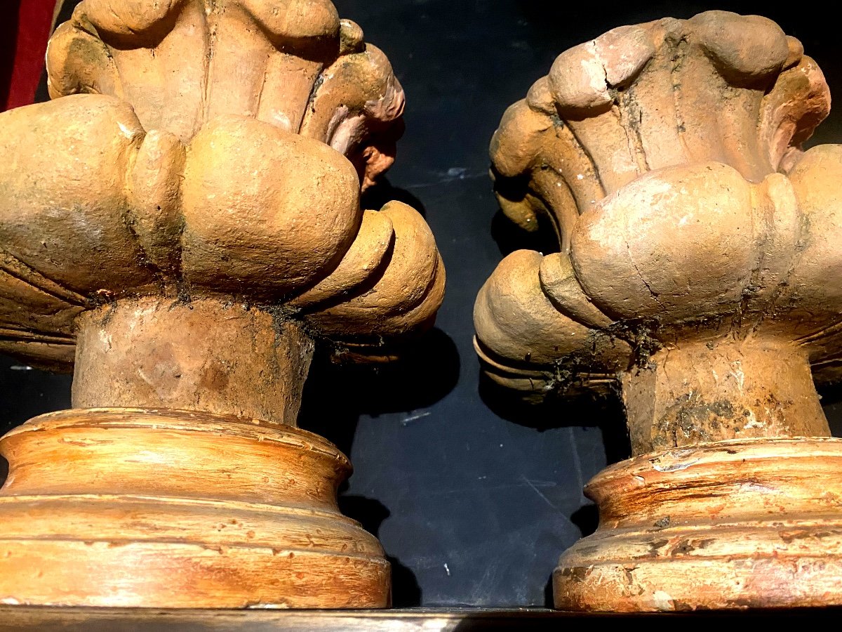 Decorative Pair Of 18th Century Elements. Castelnaudary Terracotta Plume Roof Punches-photo-4