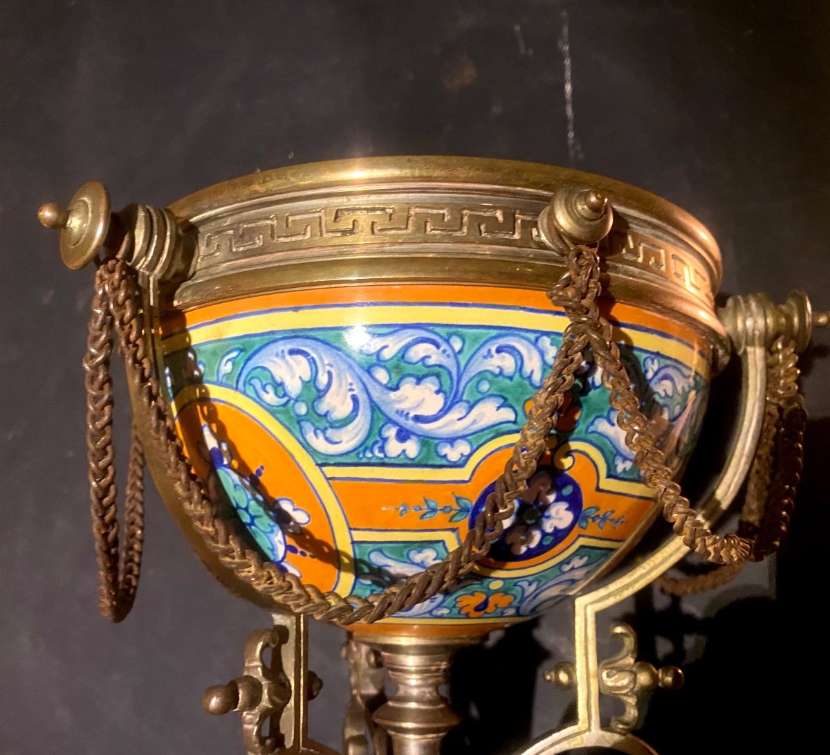 Beautiful Gien Earthenware Cup On A Renaissance Style Metal Base, N. III Period-photo-7