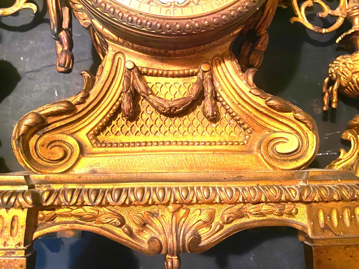 Exceptional Large Louis XIV Style Gilt Bronze Mantel Clock And Candelabra.-photo-3