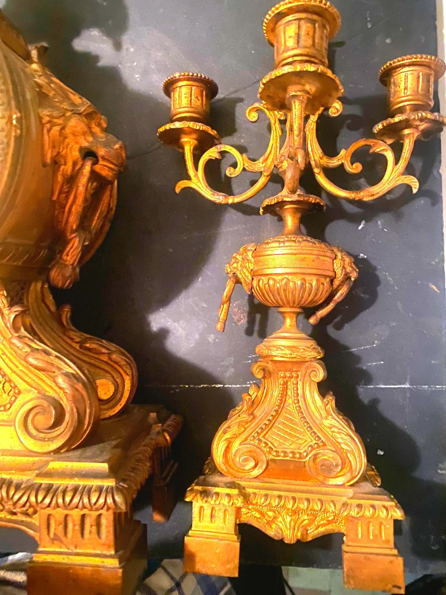 Exceptional Large Louis XIV Style Gilt Bronze Mantel Clock And Candelabra.-photo-4