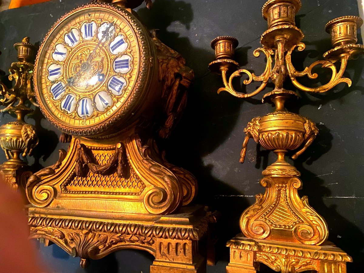 Exceptional Large Louis XIV Style Gilt Bronze Mantel Clock And Candelabra.-photo-1