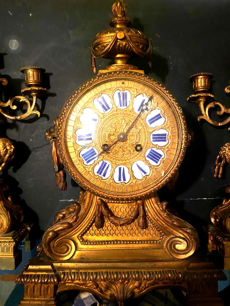 Exceptional Large Louis XIV Style Gilt Bronze Mantel Clock And Candelabra.-photo-7