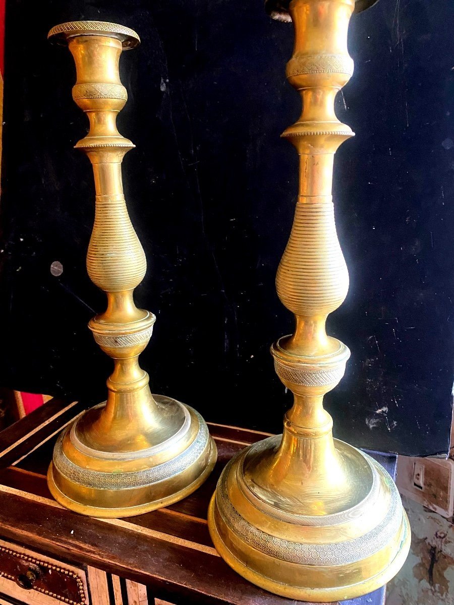 Pair Of Very Large Candlesticks 1st Empire Bronze Guilloché Chiseled Baluster Shape Early 19th Century