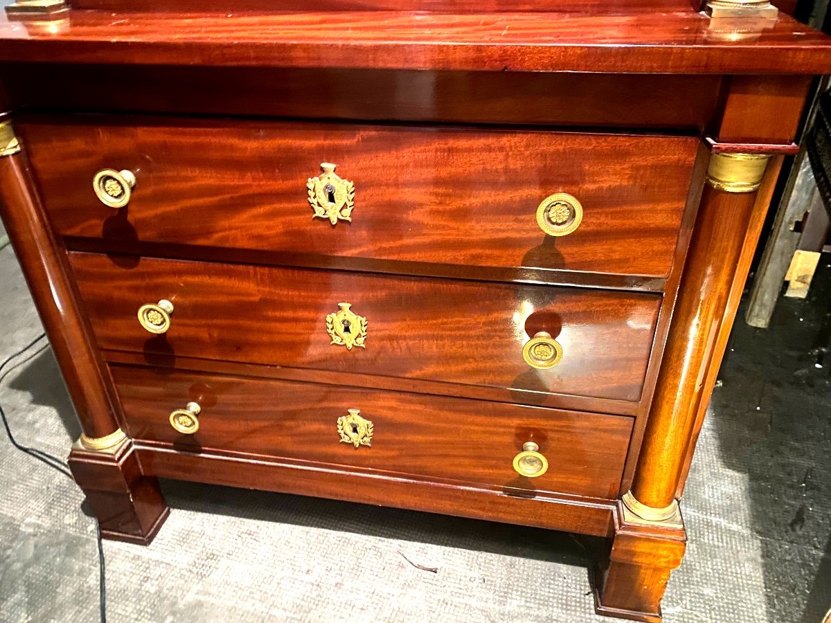  Beautiful Commode Secretary In "happiness Of The Day" Red Mahogany Thickness 1st Empire Half Columns And Tain-photo-3