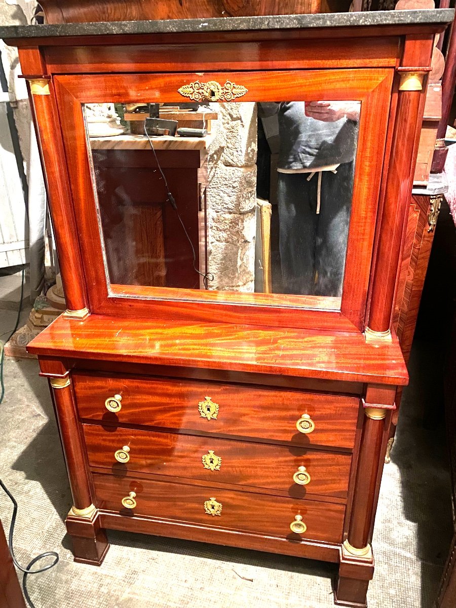  Beautiful Commode Secretary In "happiness Of The Day" Red Mahogany Thickness 1st Empire Half Columns And Tain